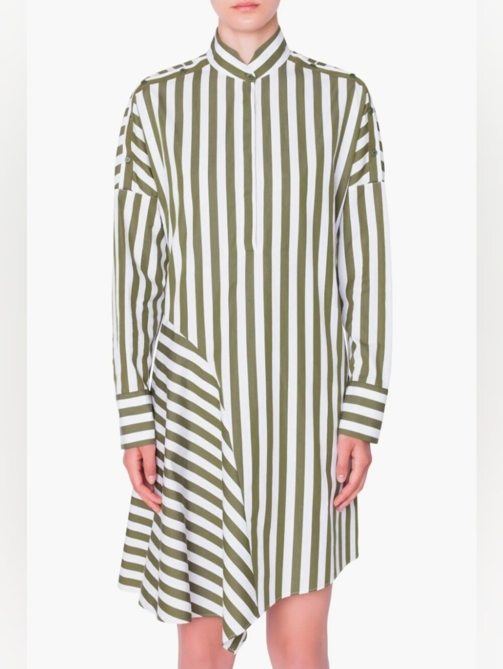 Akris Punto Kodak Stripe Cotton Poplin Midi Shirtdress Olive Green White Size 4